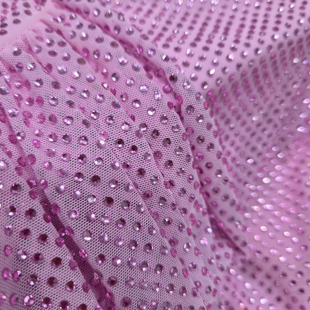 Self-Portrait Pink Rhinestone Mesh Mini Dress Feather Cuffs US 2 UK 6 - Picture 9 of 9